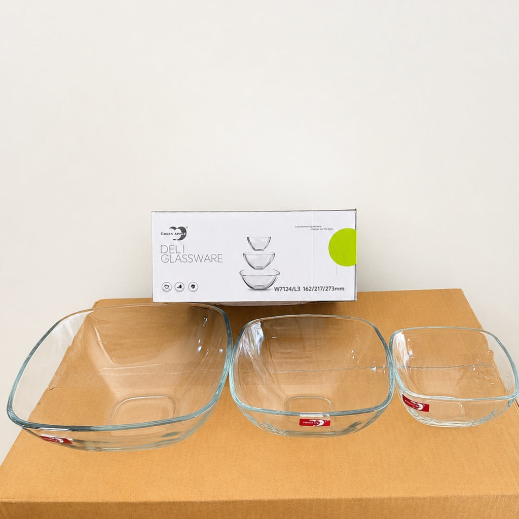 Deli Glassware 3 Pcs Square Deep Glass Bowl Set – 3 Sizes