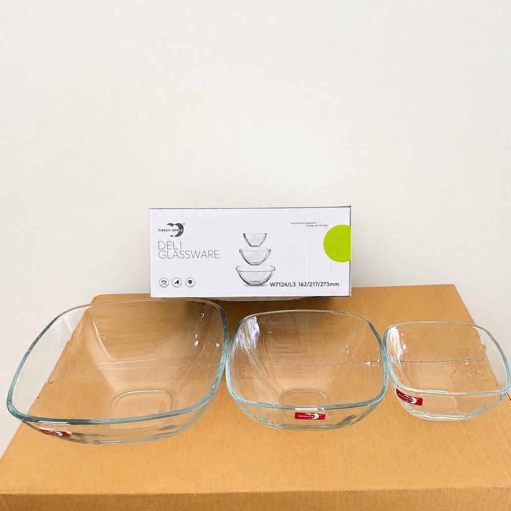 Deli Glassware 3 Pcs Square Deep Glass Bowl Set – 3 Sizes