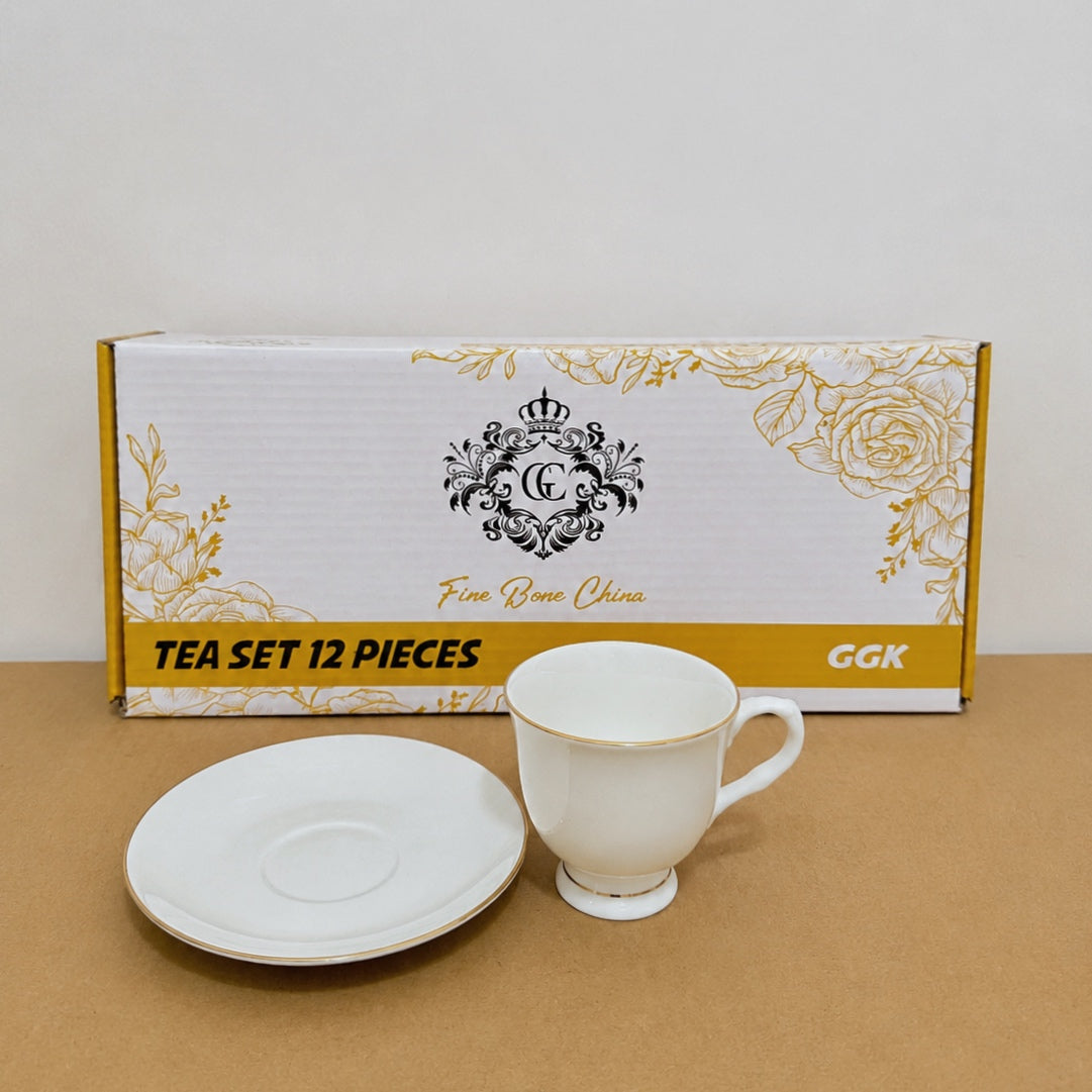 Delisoga 12 Pcs Bone China Tea Cup & Saucer Set – White