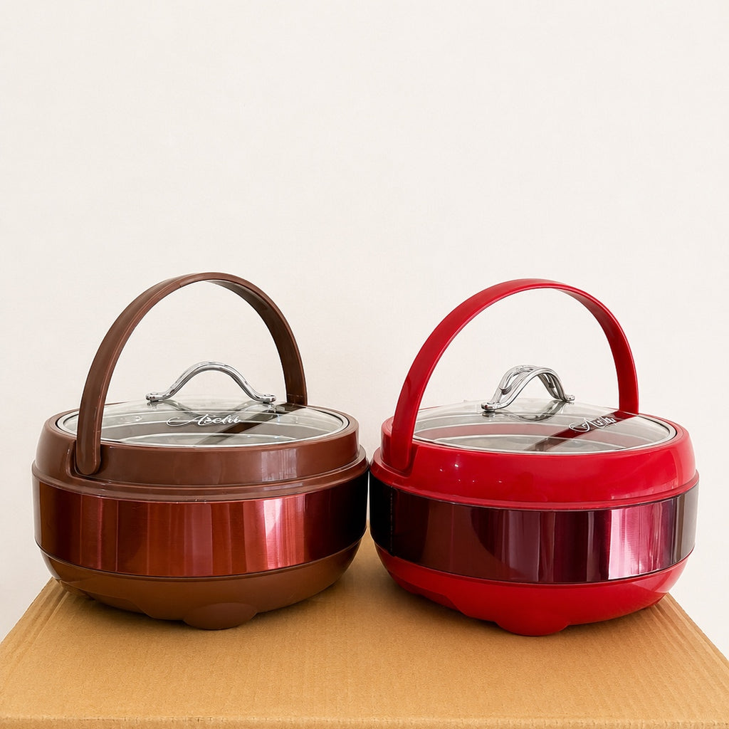 Large Insulated Hotpot with Glass Lid – Brown & Red