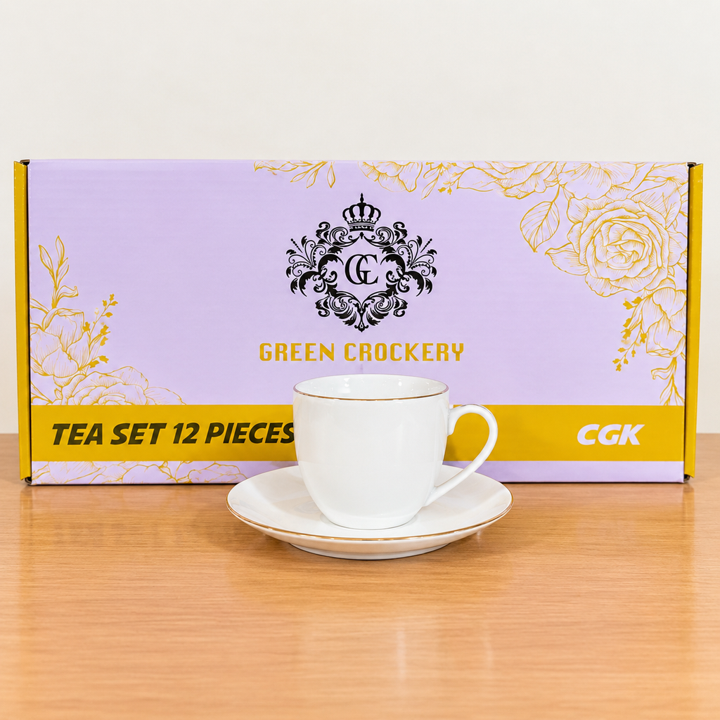 12 Pcs Bone China Tea Cup & Saucer Set – 6 Cups & 6 Saucers | White & Gold