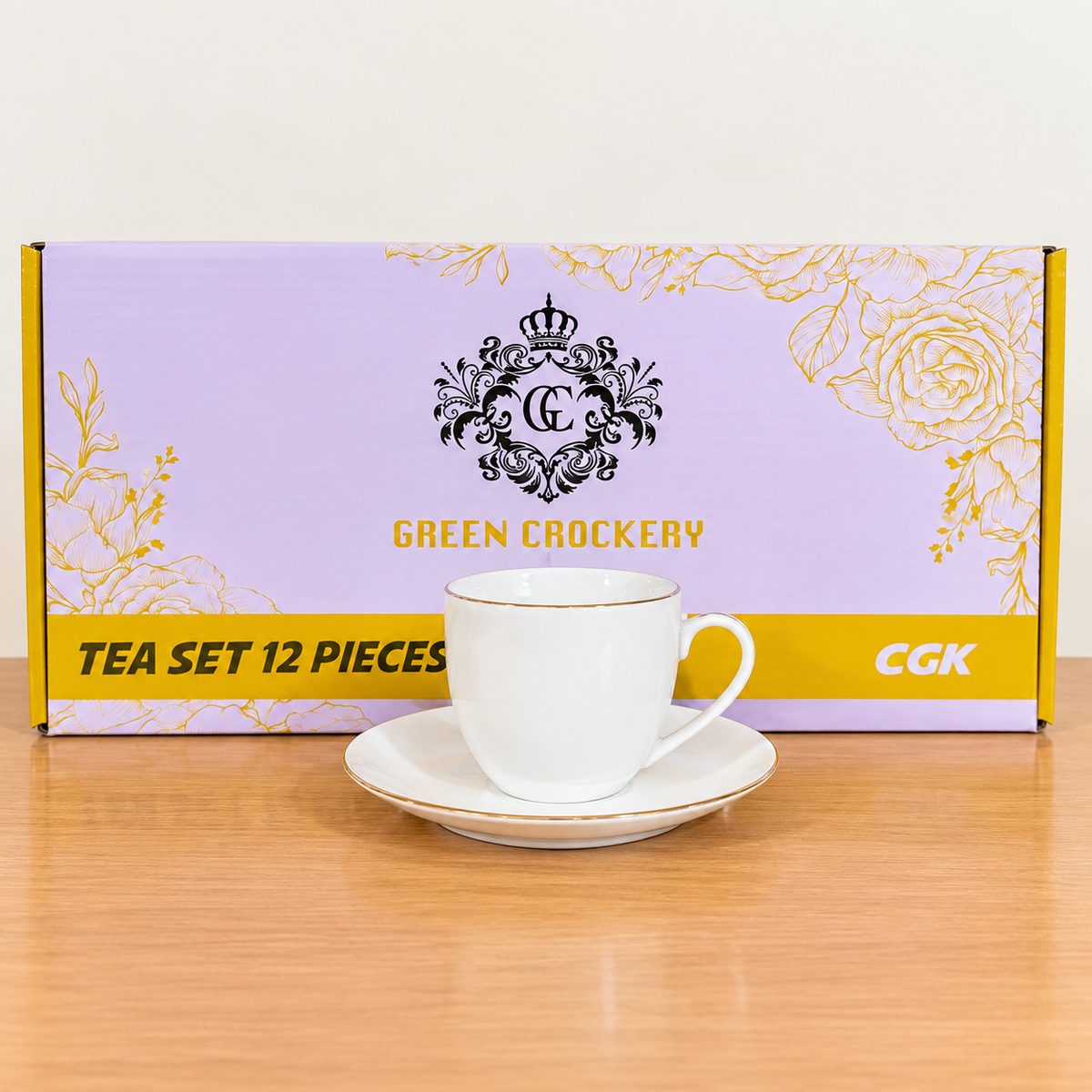 12 Pcs Bone China Tea Cup & Saucer Set – 6 Cups & 6 Saucers | White & Gold