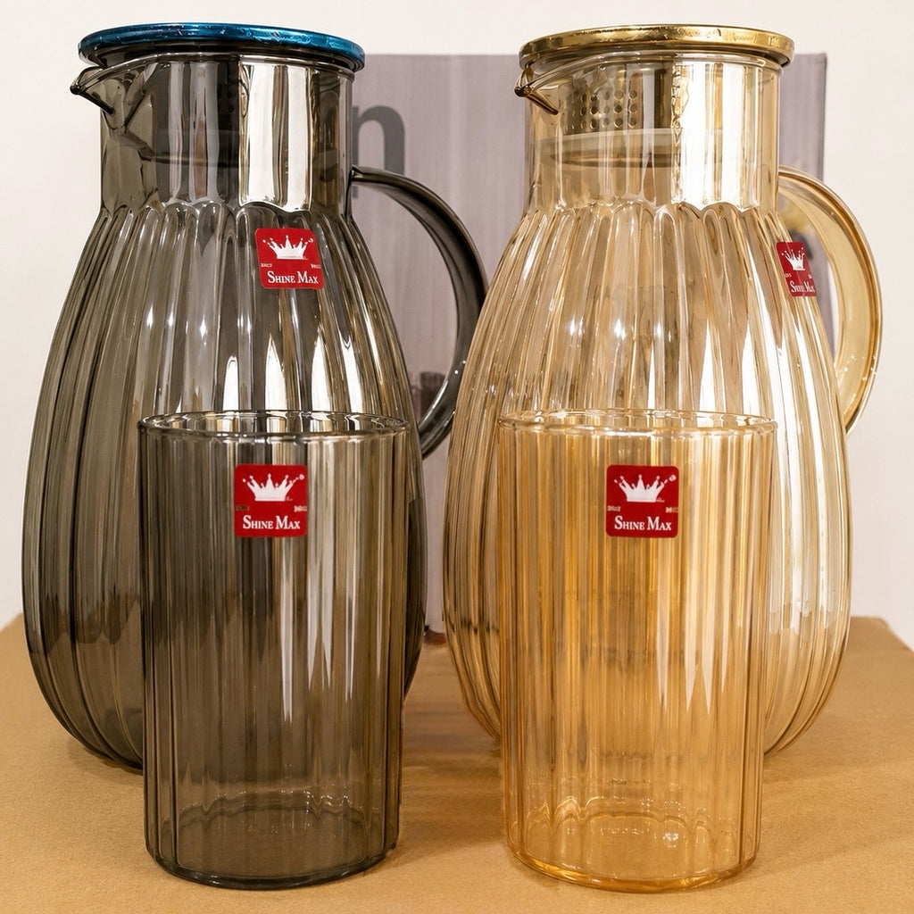 7 Pcs Borosilicate Glass Water Set – 1 Jug with Metal Lid & 6 Glasses