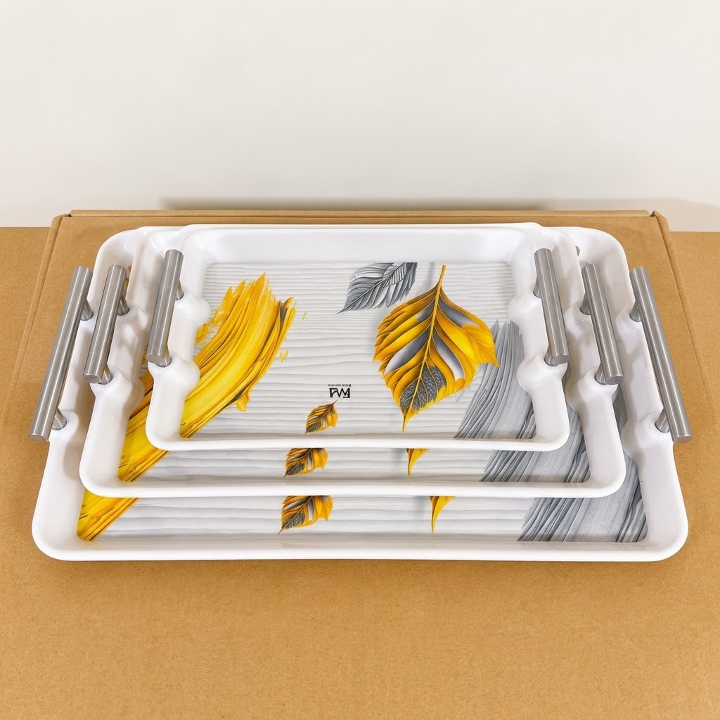 3 Pcs Melamine Serving Tray Set with Stainless Steel Handles – 11”, 13” & 16”