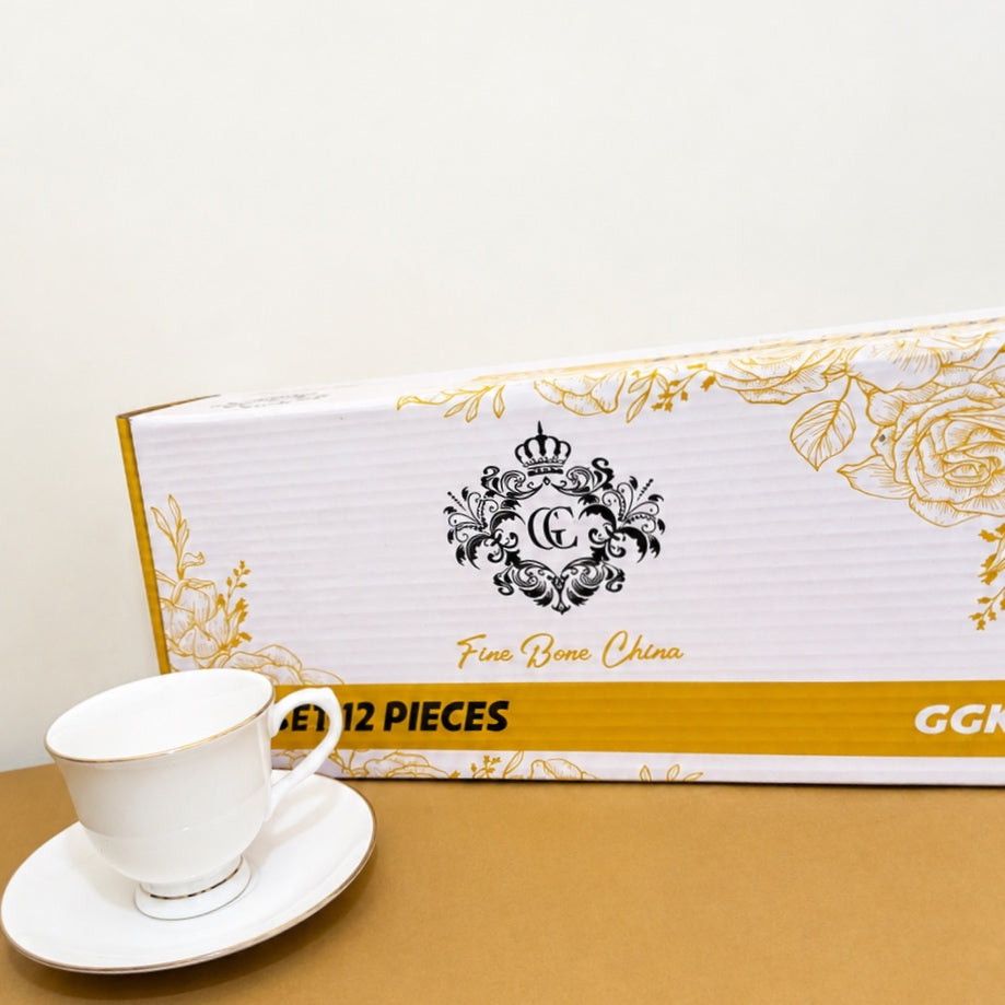 Delisoga 12 Pcs Bone China Tea Cup & Saucer Set – White