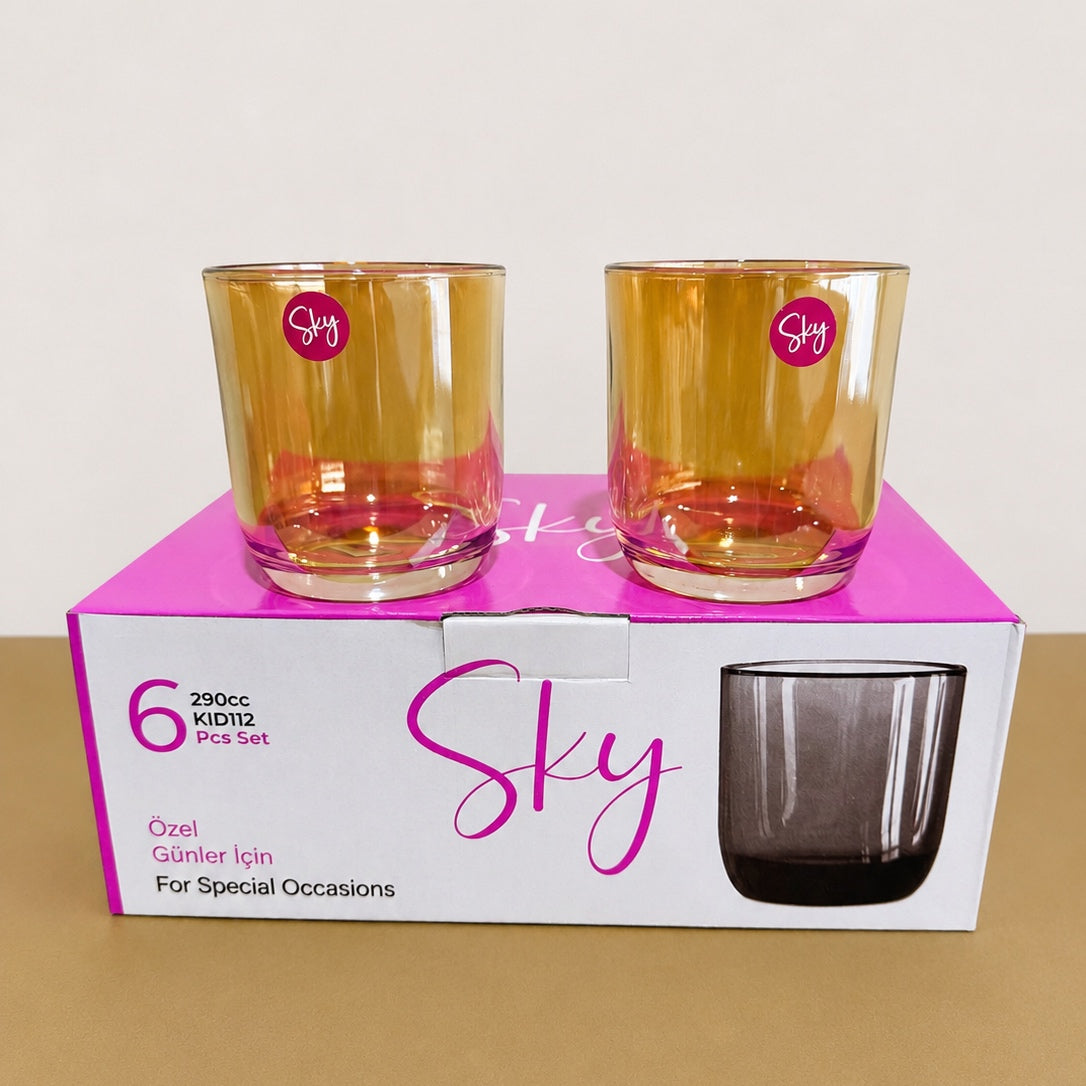 Sky Glassware 300ml Golden Plain Glass Set – For Water & Juice