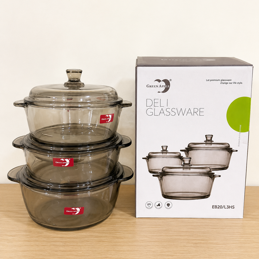 Deli Glassware 3 Pcs Black Glass Bowl Set with Lids – 850ml, 1000ml & 1260ml