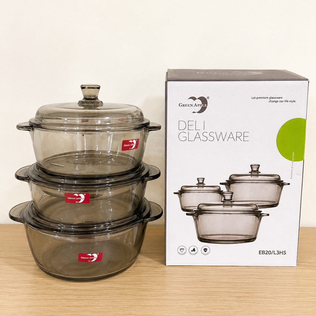 Deli Glassware 3 Pcs Black Glass Bowl Set with Lids – 850ml, 1000ml & 1260ml