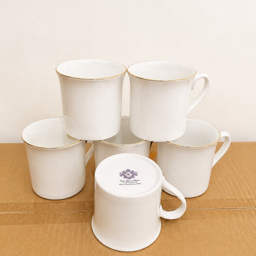 Delisoga 6 Pcs Bone China Tea & Coffee Cup Set – White with Golden Border (200ml)