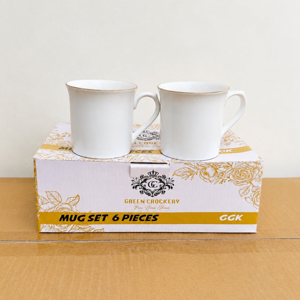 Delisoga 6 Pcs Bone China Tea & Coffee Cup Set – White with Golden Border (200ml)