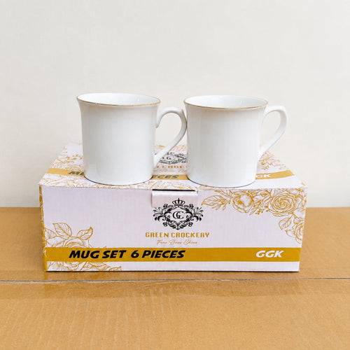Delisoga 6 Pcs Bone China Tea & Coffee Cup Set – White with Golden Border (200ml)