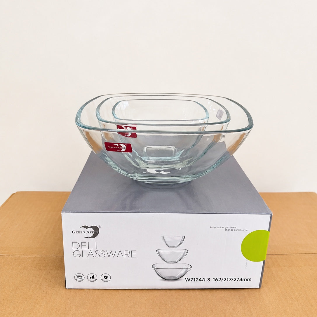Deli Glassware 3 Pcs Square Deep Glass Bowl Set – 3 Sizes