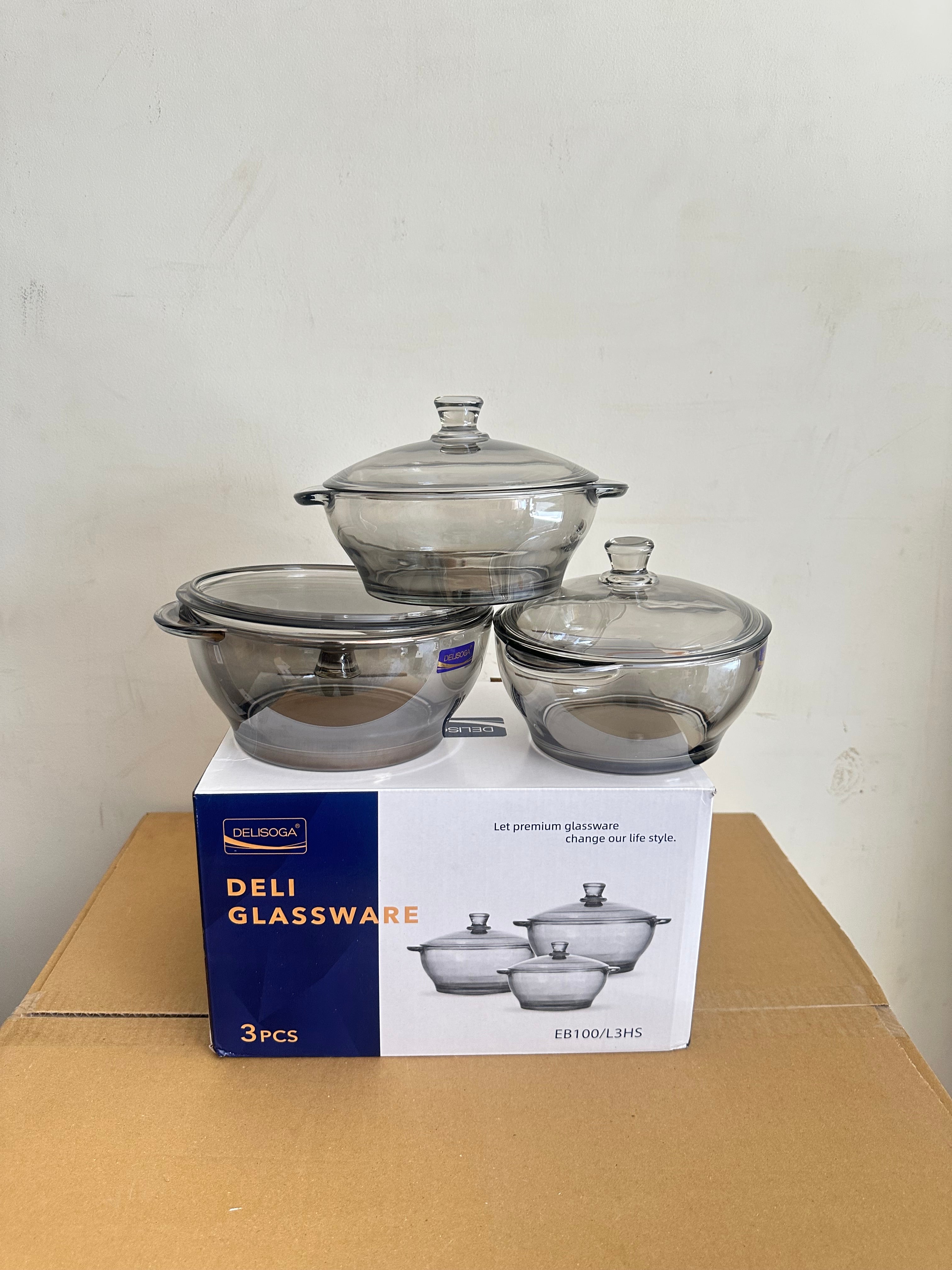 Delisoga 3 Pcs Black Glass Casserole (Donga) Set with Glass Lids