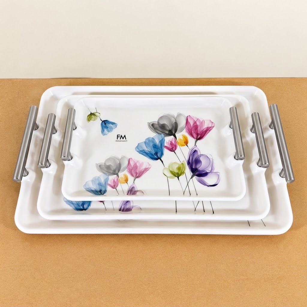 3 Pcs Melamine Serving Tray Set with Stainless Steel Handles – 11”, 13” & 16”