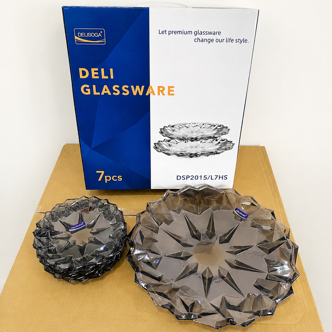 Delisoga Glassware 7 Pcs Diamond Design Cake Serving Set – Black