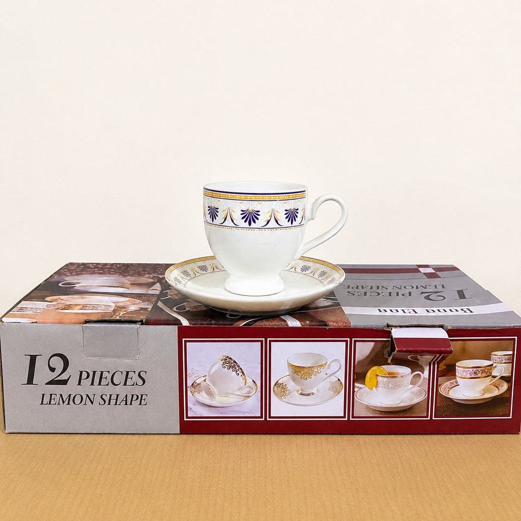 12 Pcs Semi Bone Ceramic Cup & Saucer Set – 6 Cups & 6 Saucers