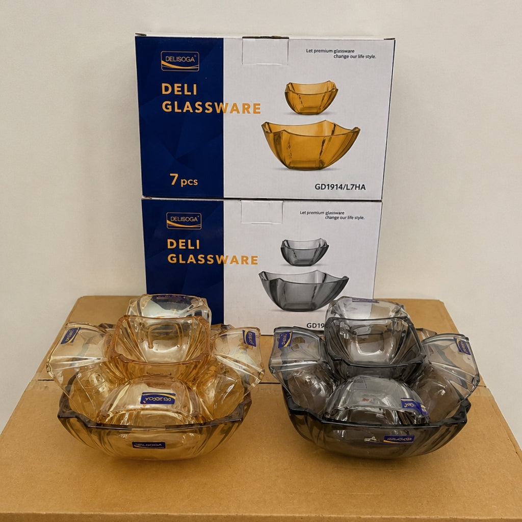 Delisoga Glassware 7 Pcs Square Glass Fruit & Dessert Set