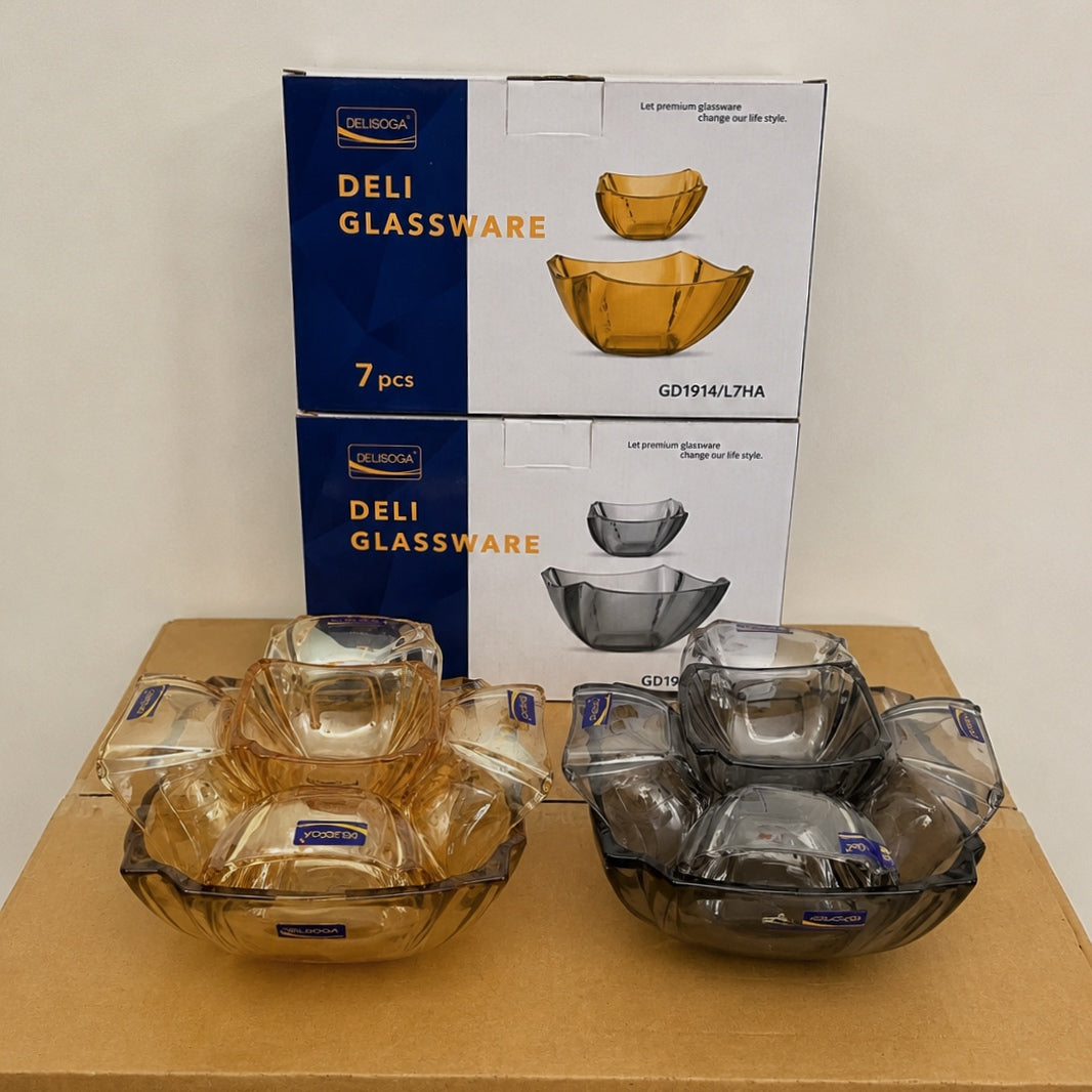 Delisoga Glassware 7 Pcs Square Glass Fruit & Dessert Set