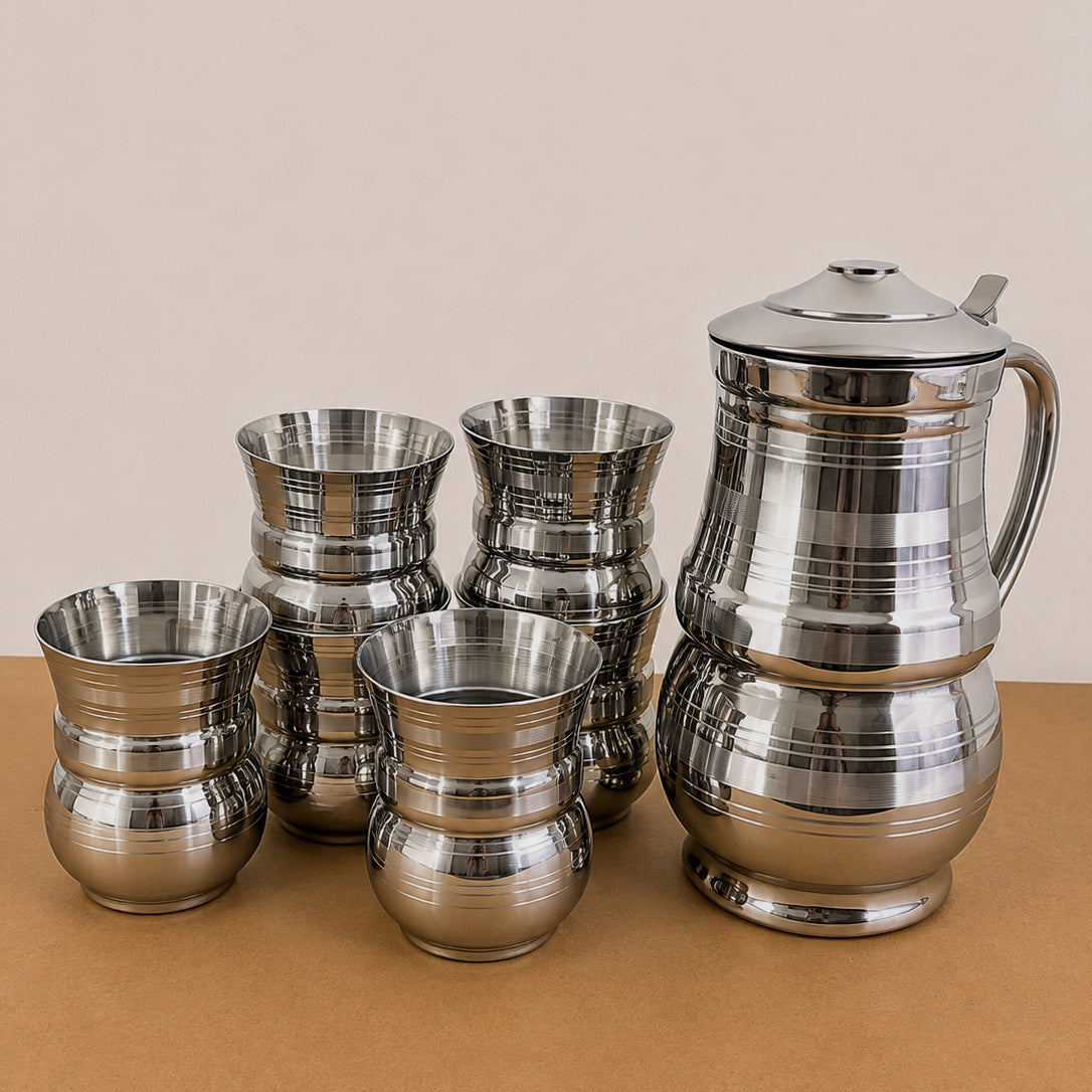 Stainless Steel Water Jug & Glass Set – 7 Pcs