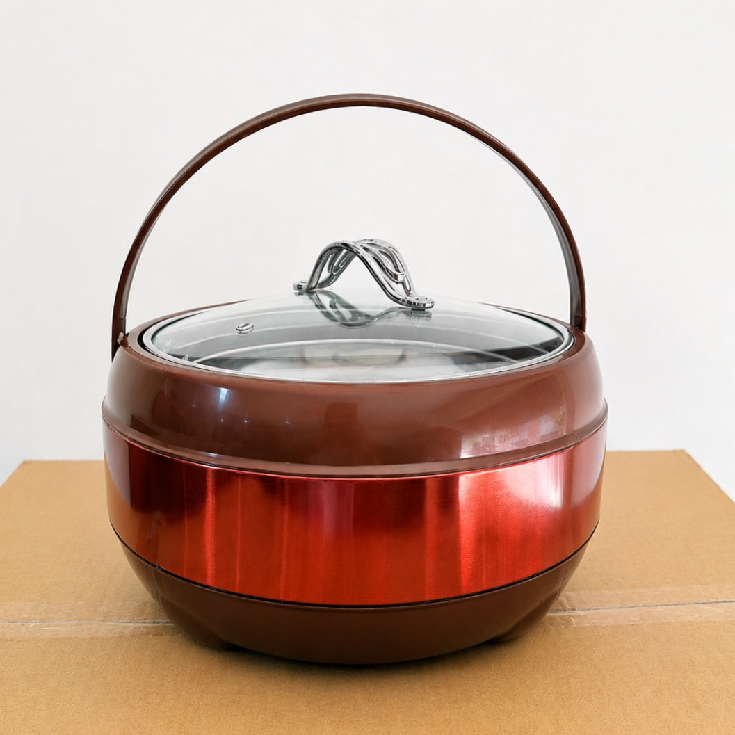 Large Insulated Hotpot with Glass Lid – Brown & Red