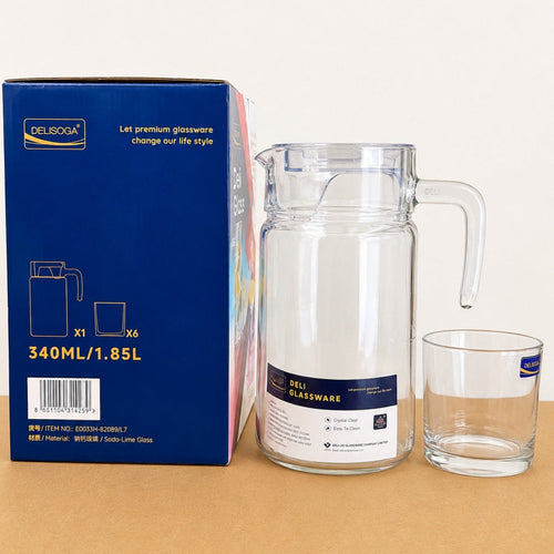Delisoga 7 Pcs Glass Water Set – 1.85L Jug with 6 Glasses (340ml)