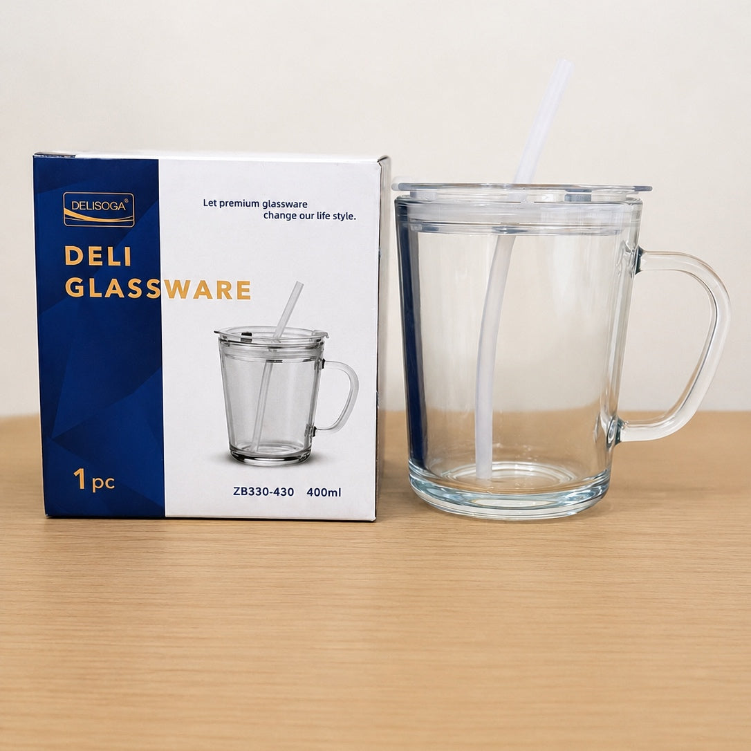 Delisoga Glassware 400ml Glass Juice Mug with Straw & Airtight Lid