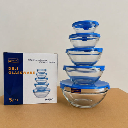 Delisoga 5 Pcs Glass Bowls Set with Blue Lids – 5 Different Sizes