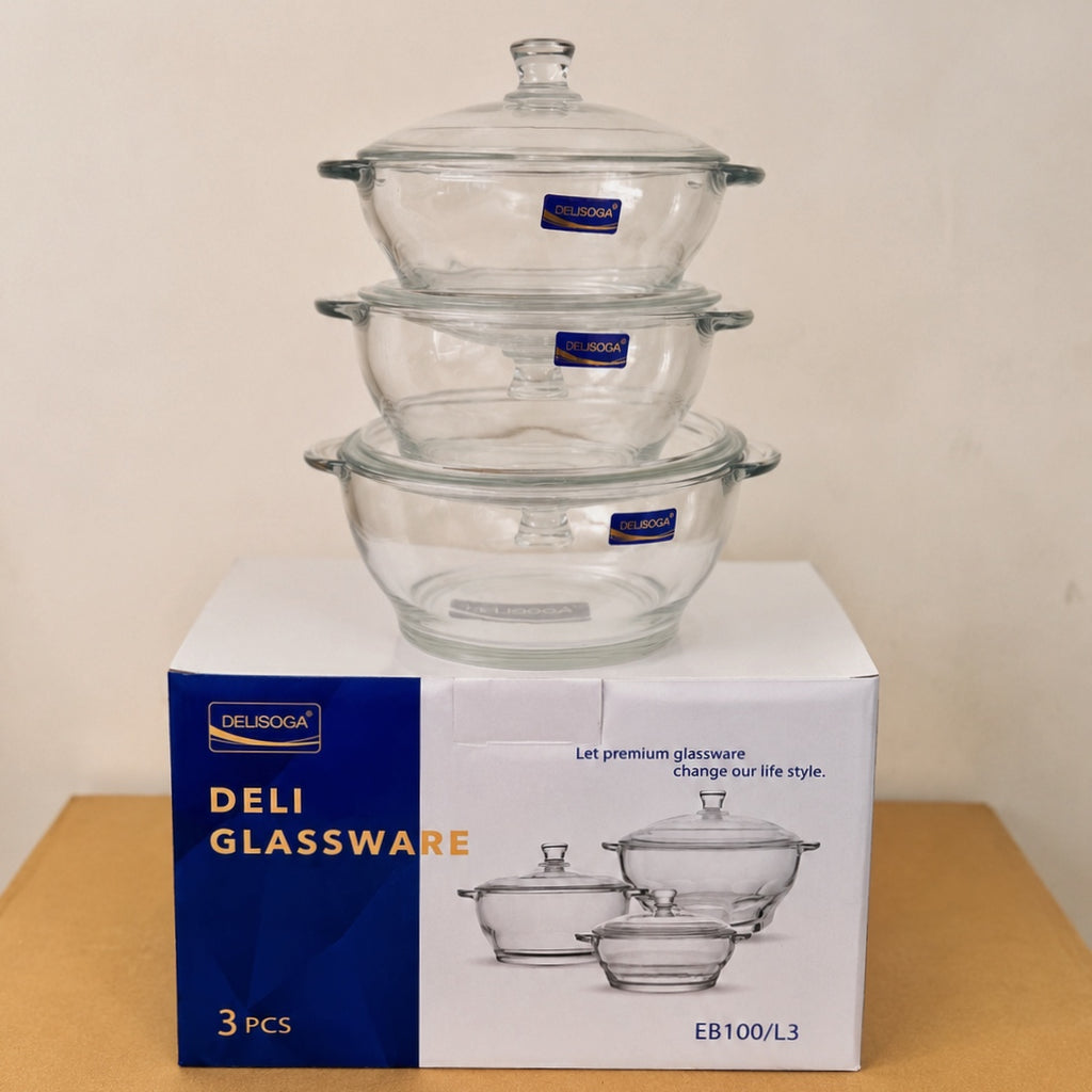 Delisoga Glassware 3 Pcs Glass Bowls and casserole Set with Glass Lids