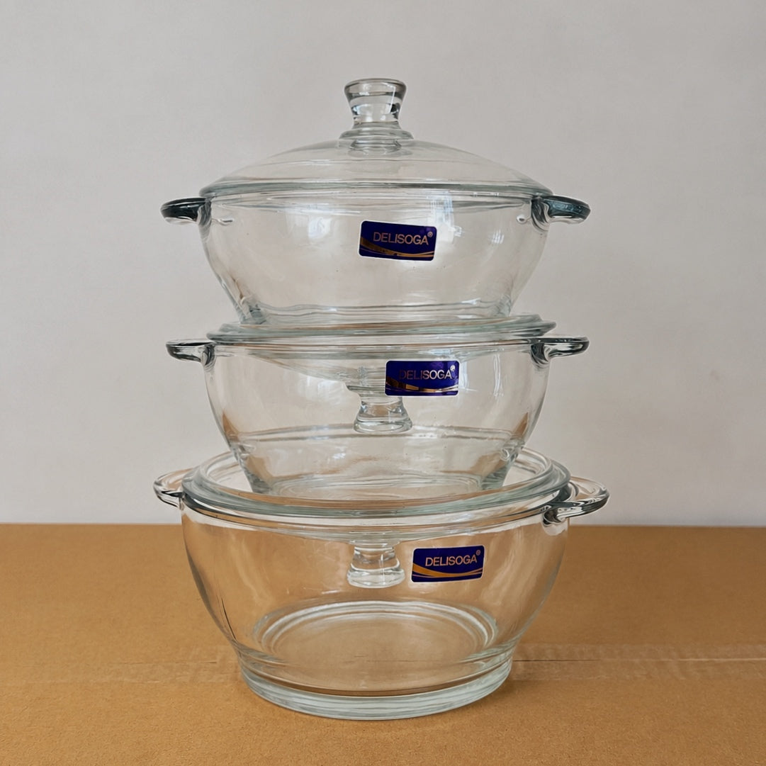 Delisoga Glassware 3 Pcs Glass Bowls and casserole Set with Glass Lids