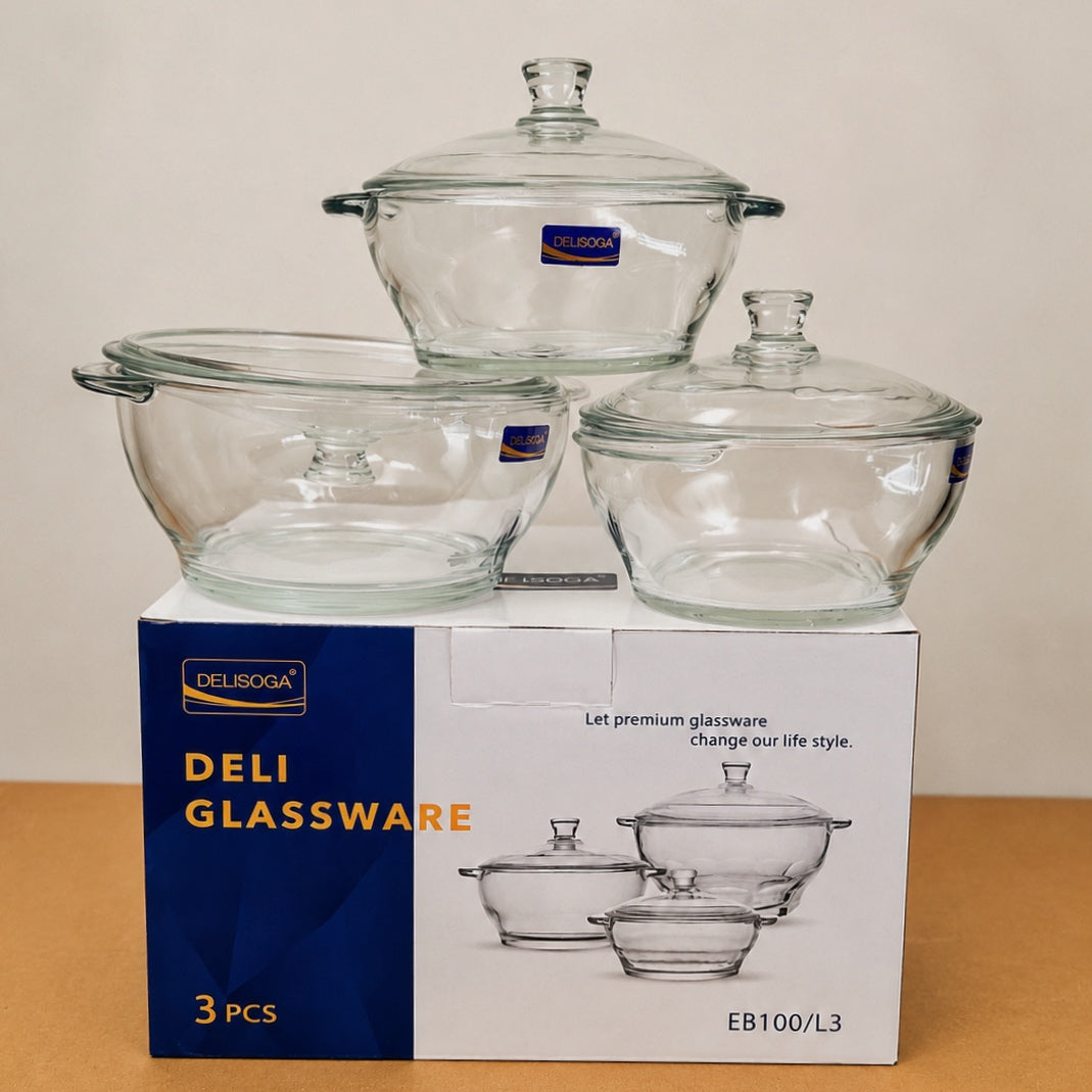 Delisoga Glassware 3 Pcs Glass Bowls and casserole Set with Glass Lids